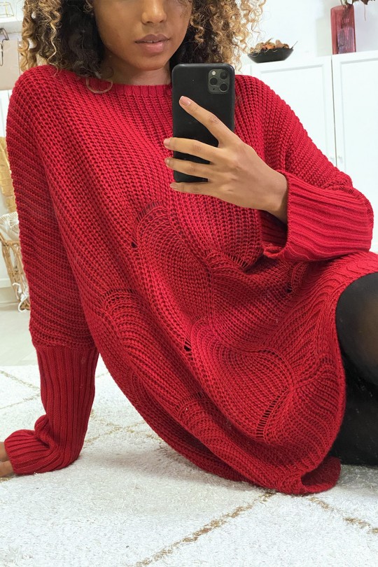 Oversized rode trui met bladpatroon - 7