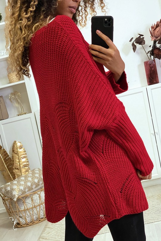 Oversized rode trui met bladpatroon - 8