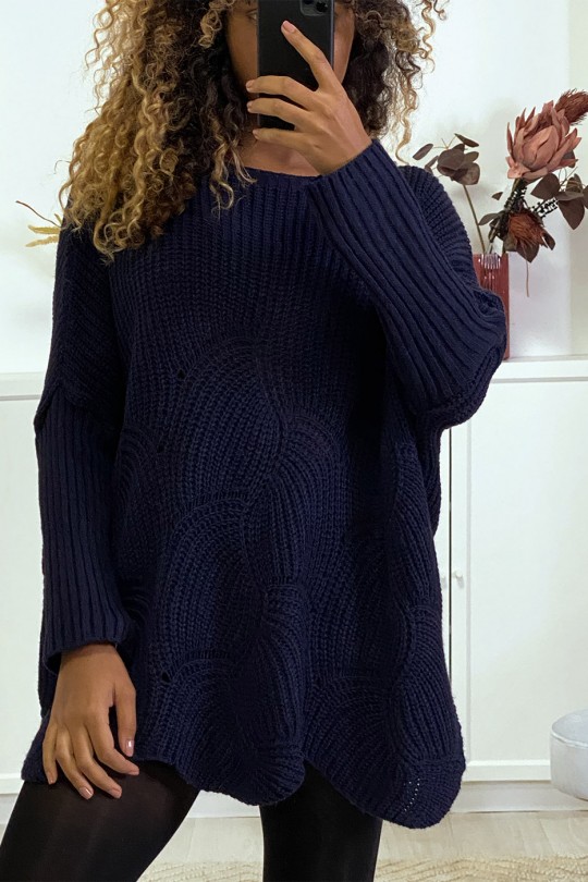 Oversized navy sweater with leaf pattern - 1