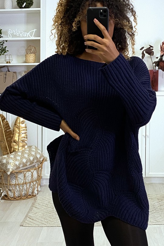 Oversized navy sweater with leaf pattern - 2