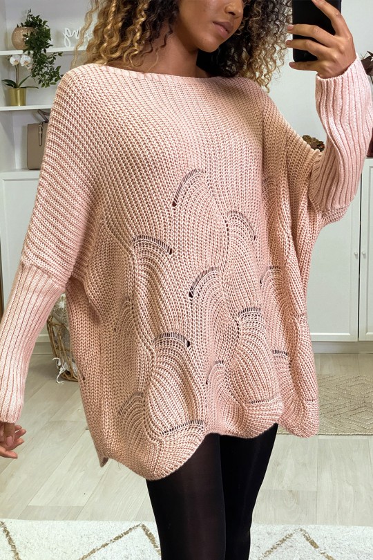 Pull rose over size motif feuilles - 1