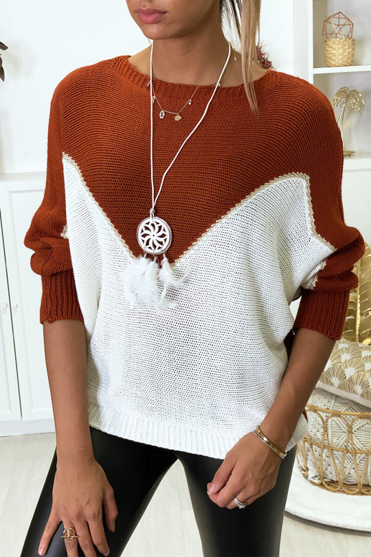 White and gold cognac bat-cut sweater with collar - 1