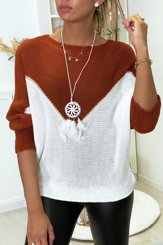 White and gold cognac bat-cut sweater with collar - 2