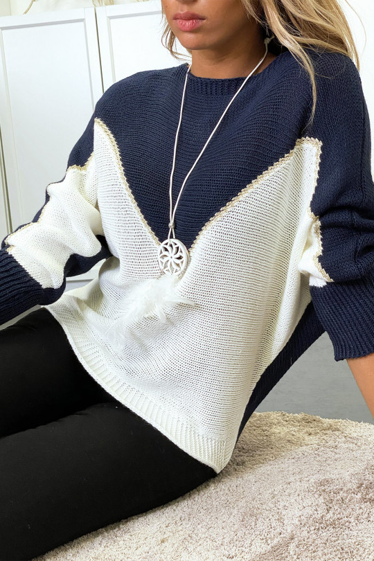 Pull marine blanc et doré coupe chauve souris sans le collier - 5