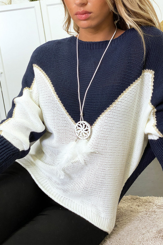 Pull marine blanc et doré coupe chauve souris sans le collier - 6