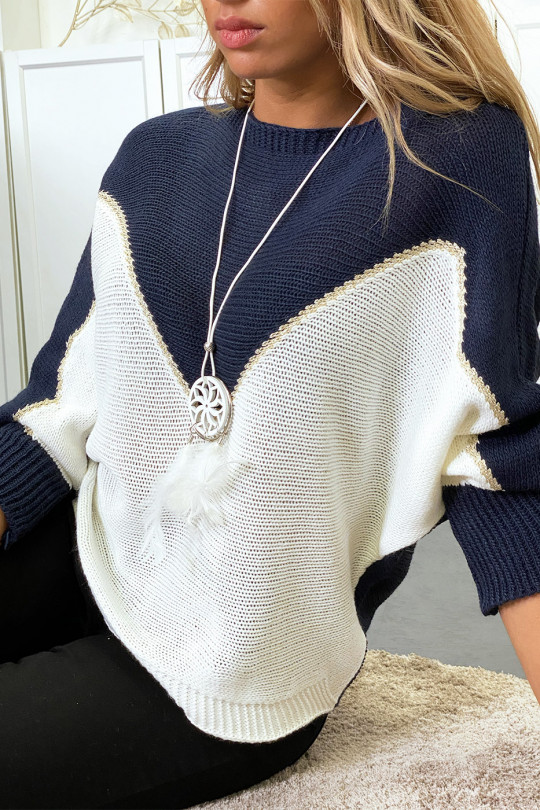 Pull marine blanc et doré coupe chauve souris sans le collier - 7