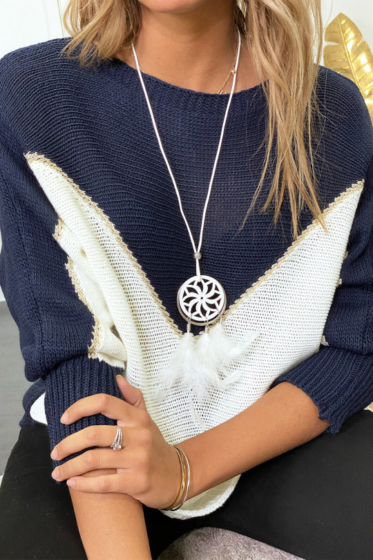 Pull marine blanc et doré coupe chauve souris sans le collier - 8