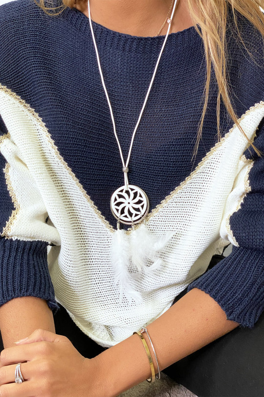 Pull marine blanc et doré coupe chauve souris sans le collier - 9