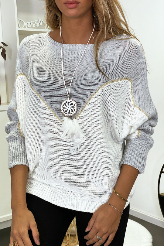 Gray, white and gold batwing sweater with collar - 2
