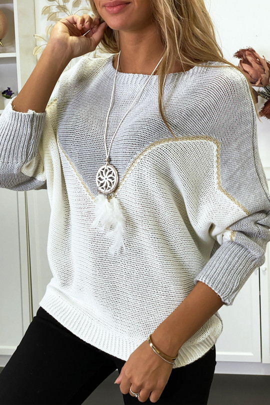 Gray, white and gold batwing sweater with collar - 3