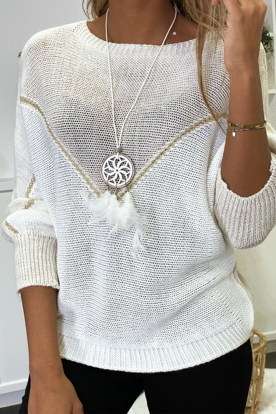 Beige white and gold batwing cut sweater without the necklace - 1