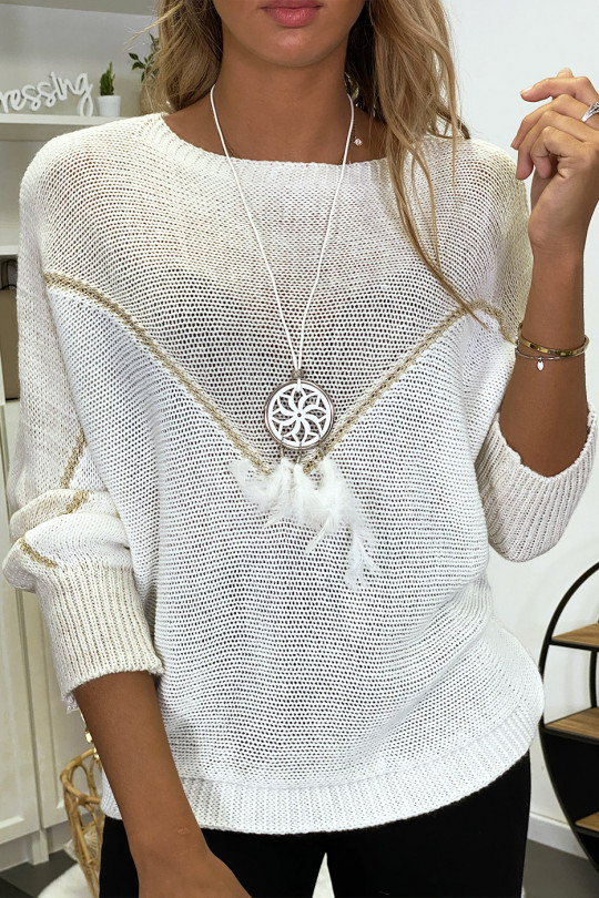 Beige white and gold batwing cut sweater without the necklace - 2
