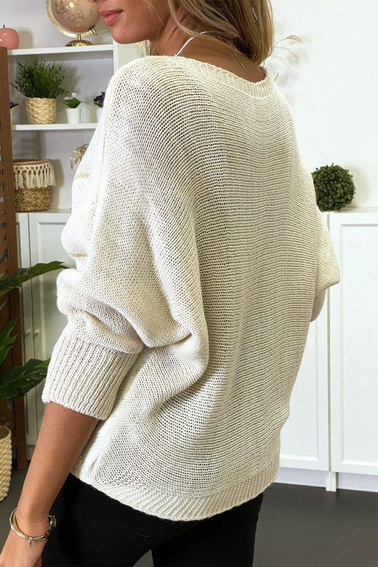 Beige white and gold batwing cut sweater without the necklace - 4