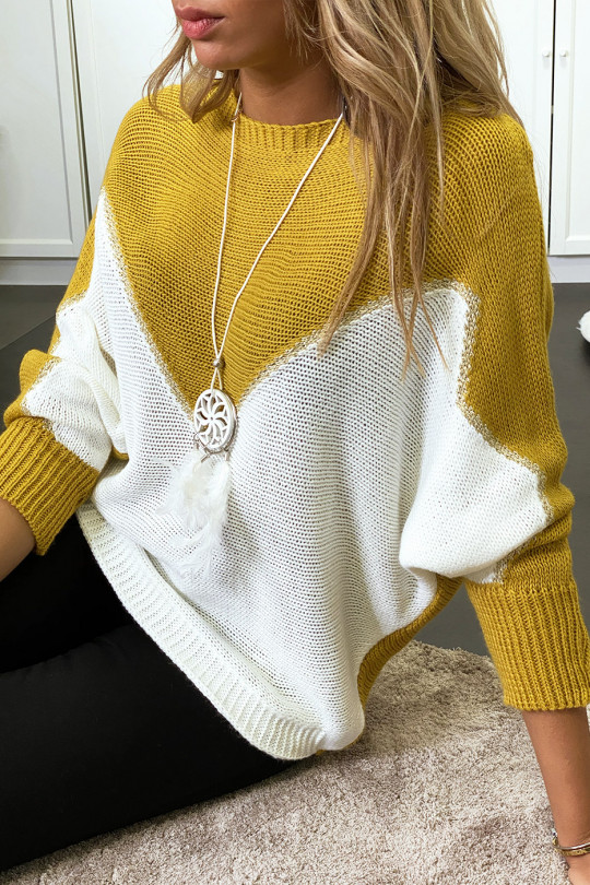 Mustard white and gold batwing sweater with necklace - 2