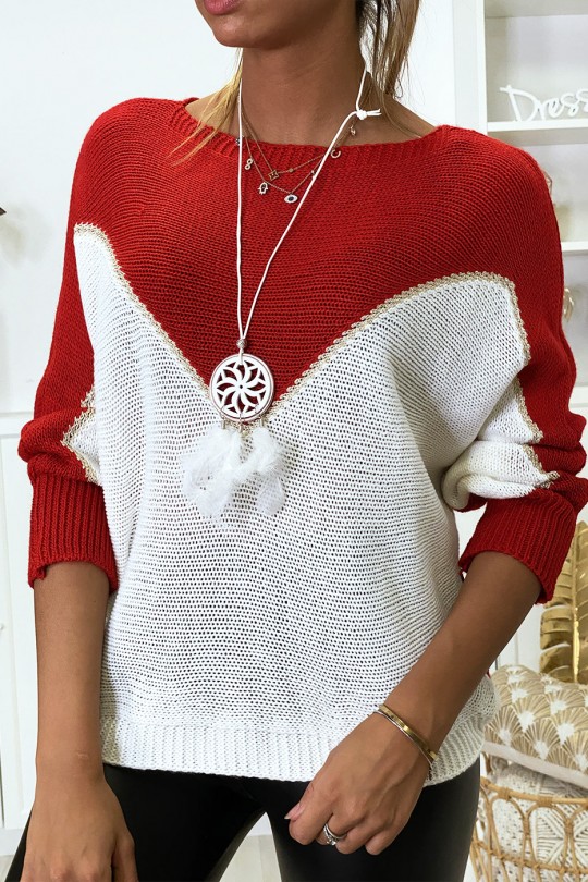 theory Personal Stationary Pull rouge blanc et doré coupe chauve souris avec collier. Pull femme