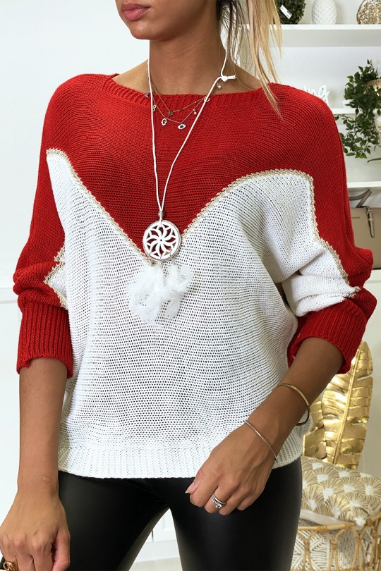 Red, white and gold batwing sweater with collar - 2
