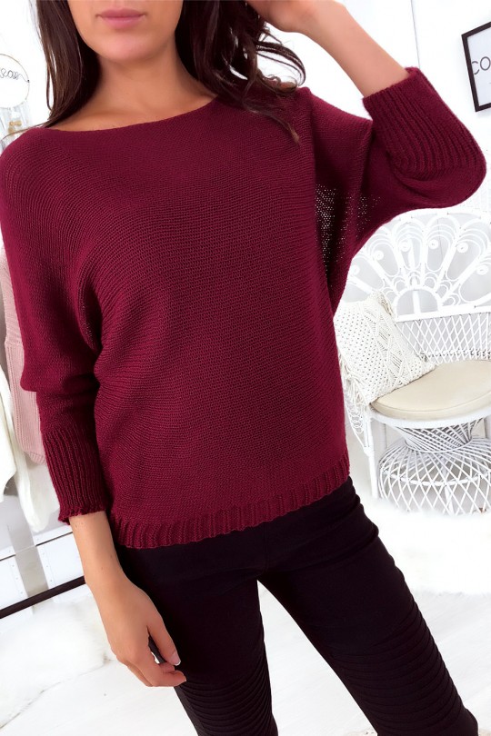 Burgundy knitted boat neck sweater and bat sleeve. 16300 - 1