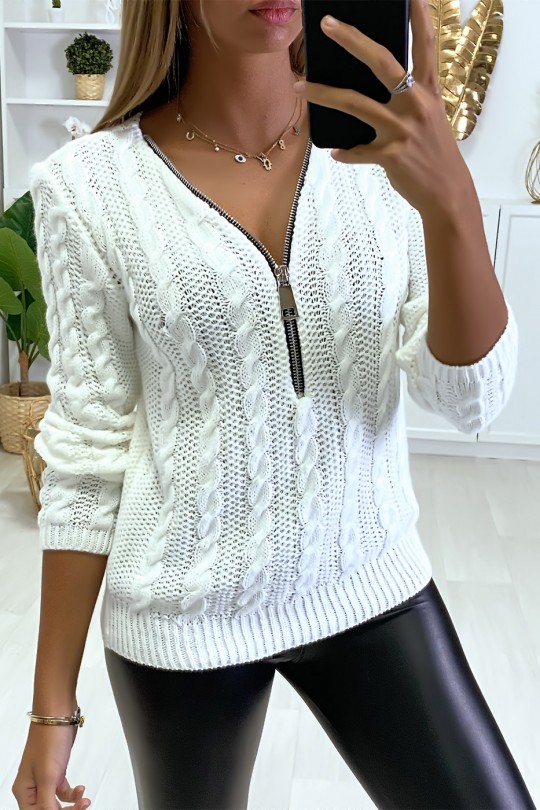 Pull Blanc en maille torsadée, et col à zip réglable. - 2