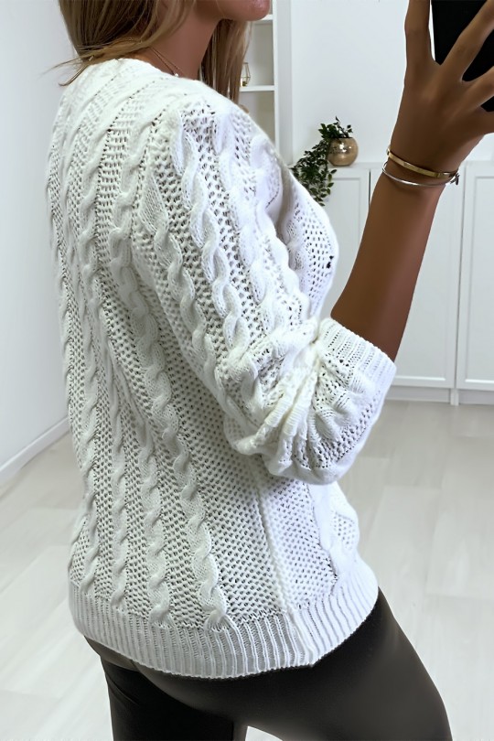 Pull Blanc en maille torsadée, et col à zip réglable. - 5