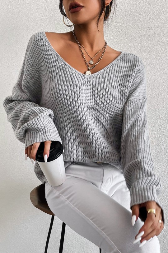 Gray puff-sleeve sweater in thick acrylic - 6