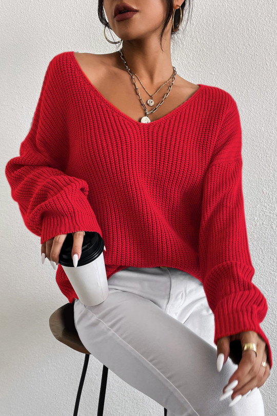 Red sweater puffed sleeves in thick acrylic - 8