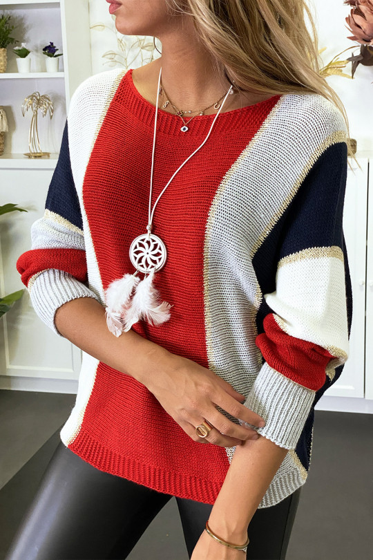 Multicolored sweater with predominantly red braided knit with gilding and bat sleeve. - 1