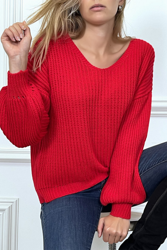 Red sweater puffed sleeves in thick acrylic - 2