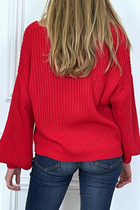 Red sweater puffed sleeves in thick acrylic - 7