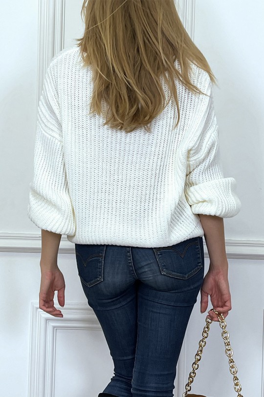 White thick acrylic puff sleeve sweater - 5