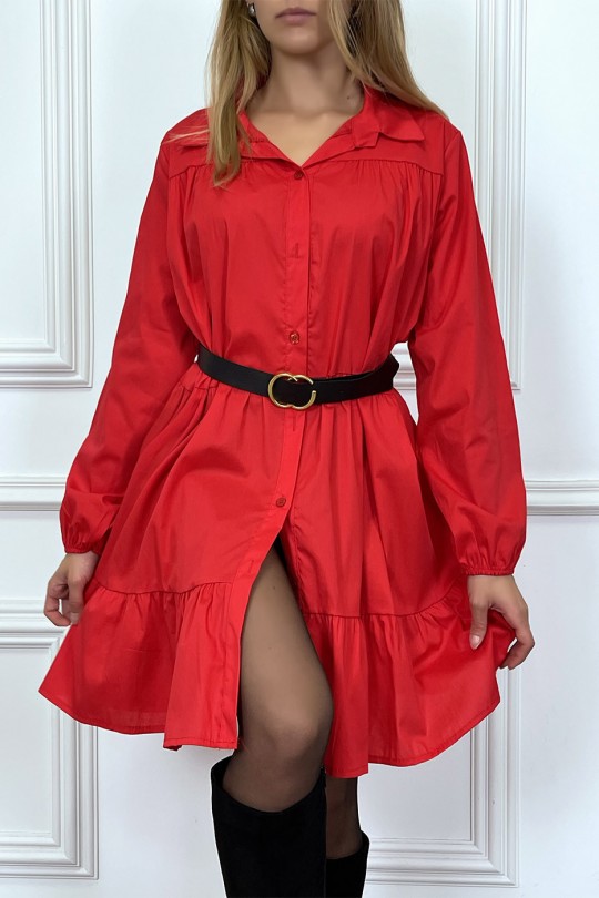 Robe chemise rouge over size à volant vendu sans ceinture - 1