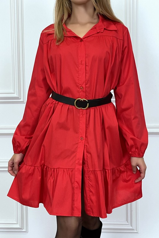 Robe chemise rouge over size à volant vendu sans ceinture - 3