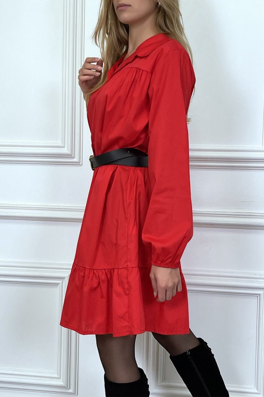 Robe chemise rouge over size à volant vendu sans ceinture - 5