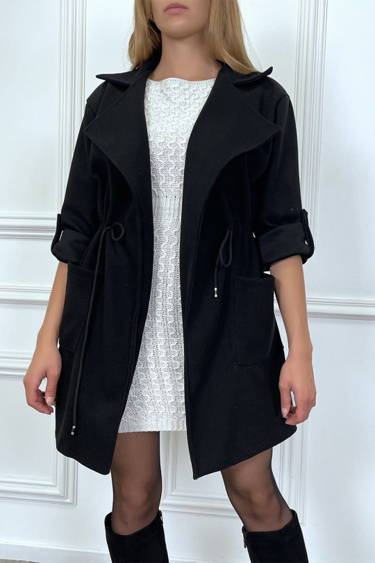 Manteau 3/4 noir avec ceinture lacet à la taille avec poches - 4