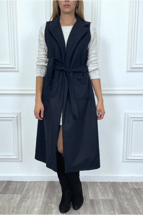 Long manteau marine sans manche avec poches et ceinture - 1