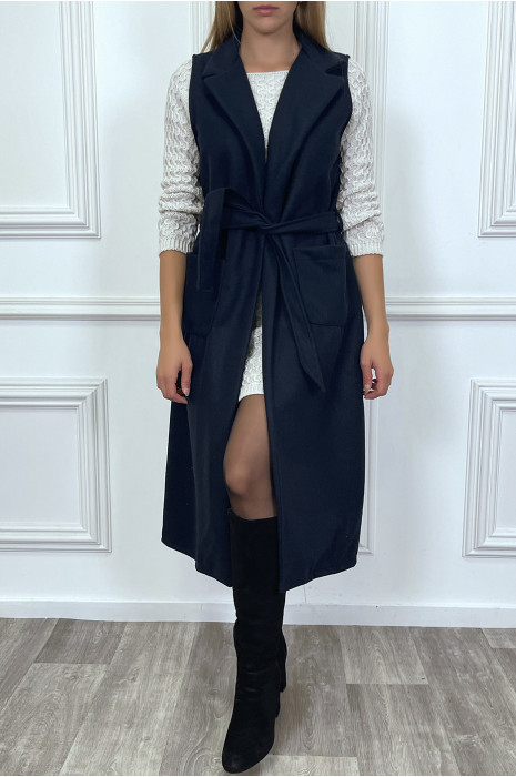 Long navy sleeveless coat with pockets and belt - 2