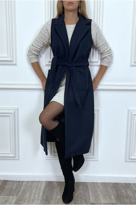 Long manteau marine sans manche avec poches et ceinture - 3