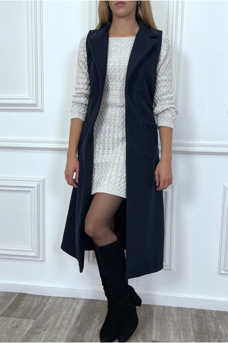 Long navy sleeveless coat with pockets and belt - 5
