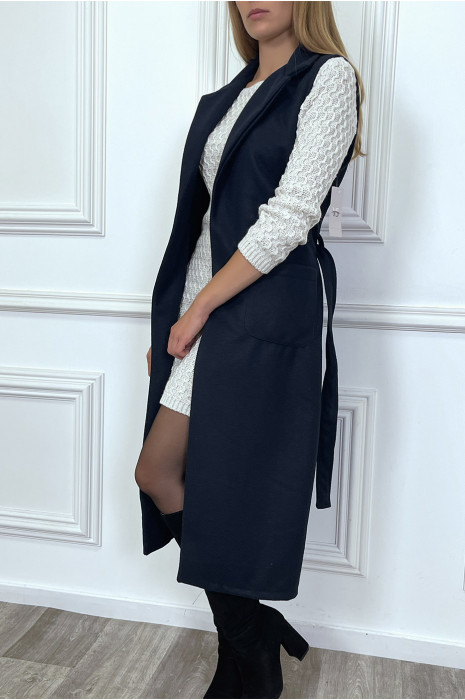 Long navy sleeveless coat with pockets and belt - 6