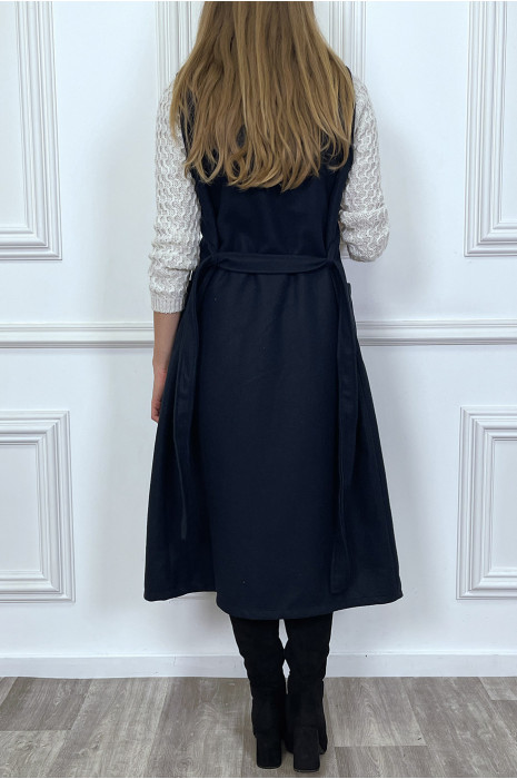 Long manteau marine sans manche avec poches et ceinture - 7