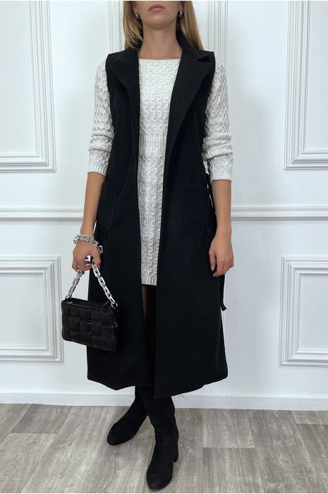 Long black sleeveless coat with pockets and belt - 1