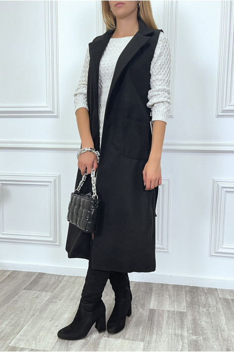 Long manteau noir sans manche avec poches et ceinture - 2