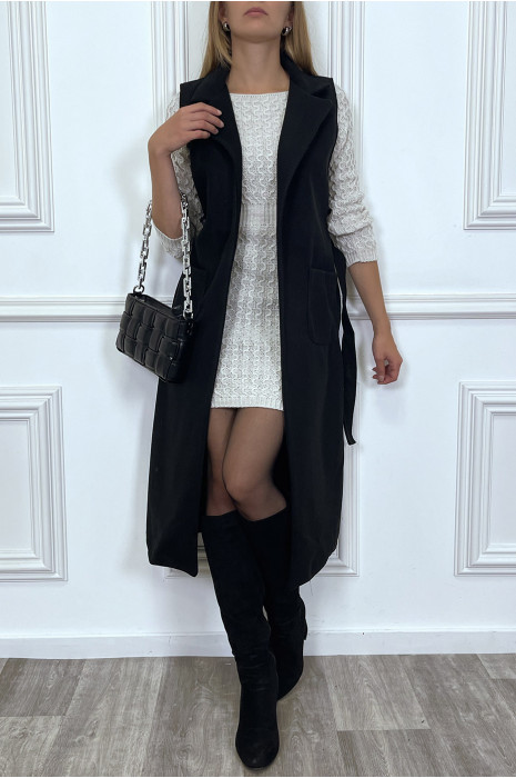 Long manteau noir sans manche avec poches et ceinture - 3