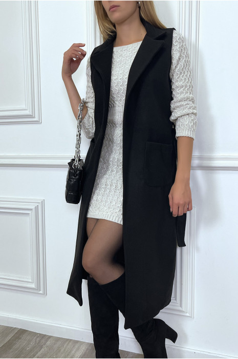 Long manteau noir sans manche avec poches et ceinture - 4