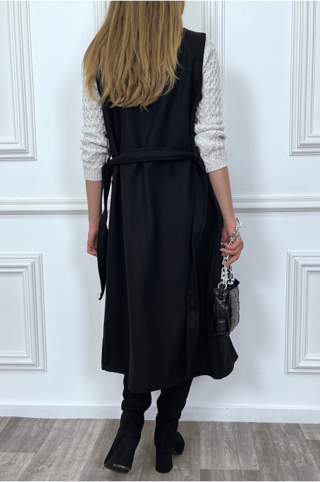 Long black sleeveless coat with pockets and belt - 5