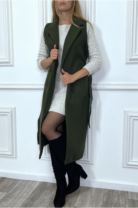 Long manteau kaki sans manche avec poches et ceinture - 1
