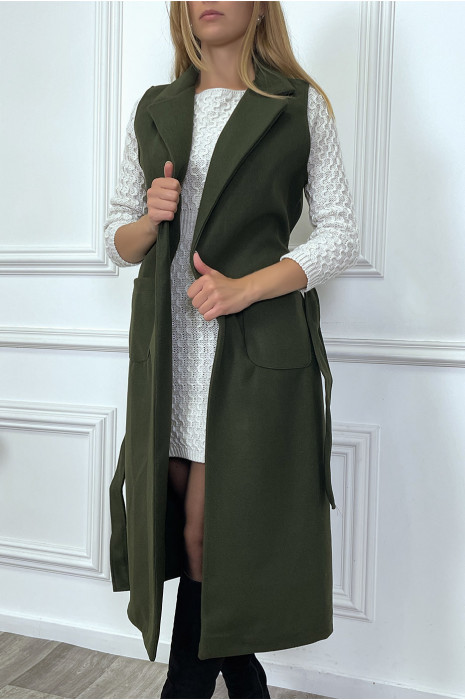 Long manteau kaki sans manche avec poches et ceinture - 2