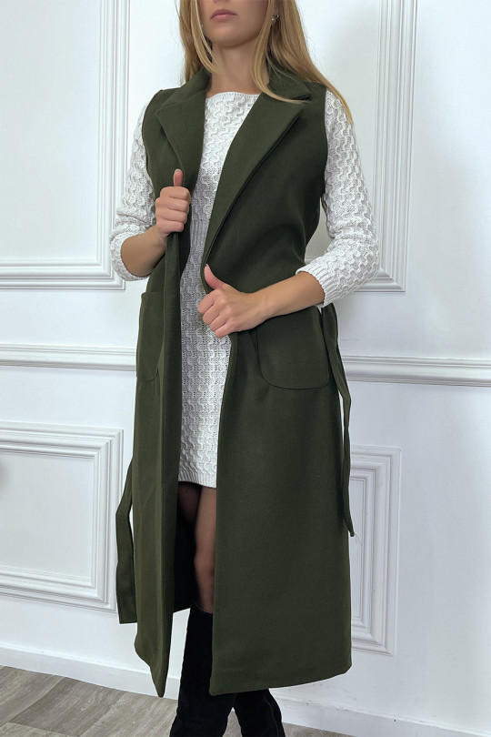 Long sleeveless khaki coat with pockets and belt - 2