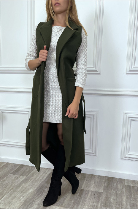 Long sleeveless khaki coat with pockets and belt - 3