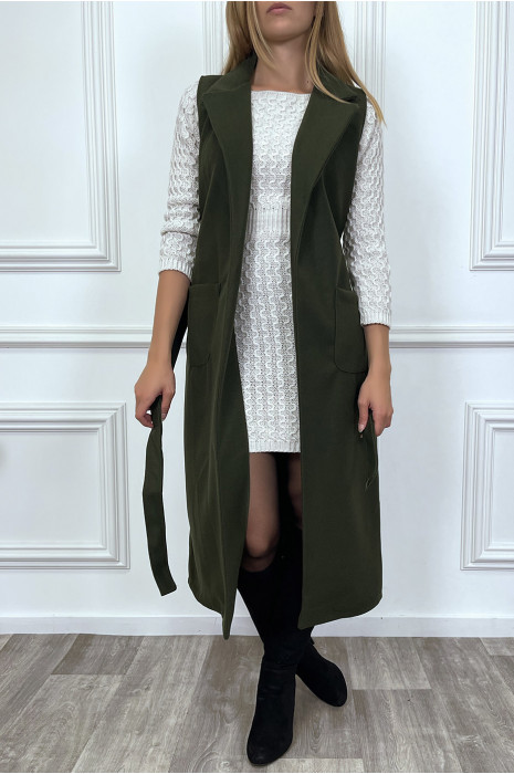 Long manteau kaki sans manche avec poches et ceinture - 4
