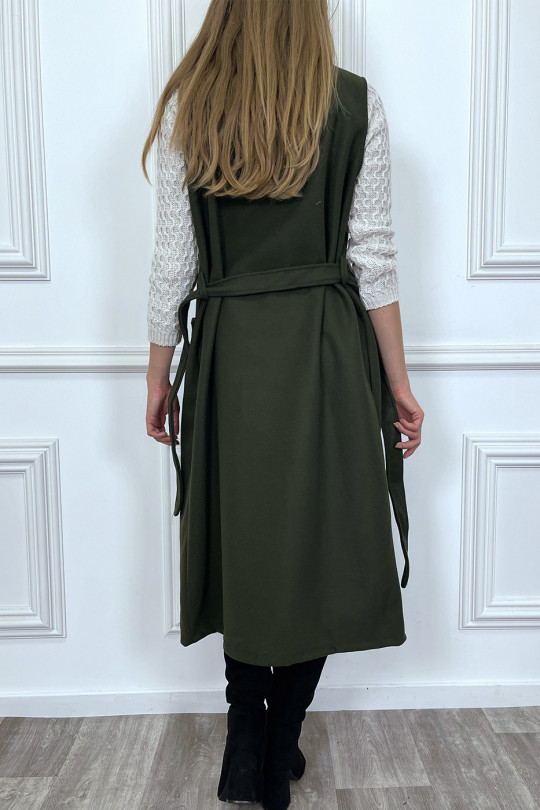 Long sleeveless khaki coat with pockets and belt - 5